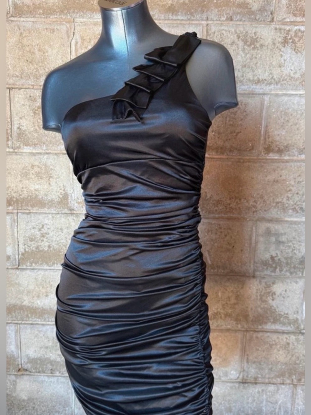 Y2K Ruby Rox One-Shoulder Black Ruched Satin Dress with Ruffle Strap